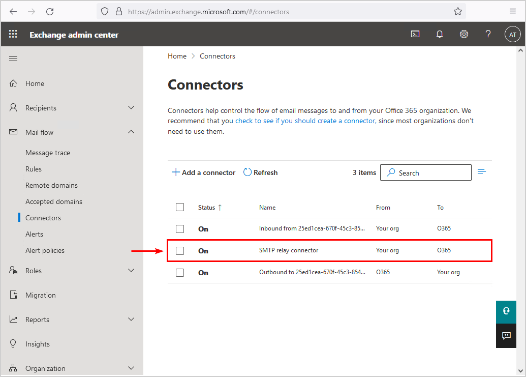 Exchange Online admin center connectors