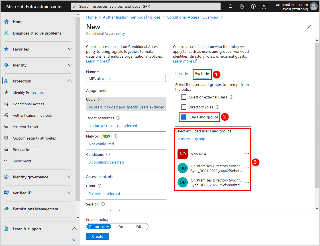 Configure Microsoft Entra Multi-Factor Authentication Conditional access policy users exclude settings