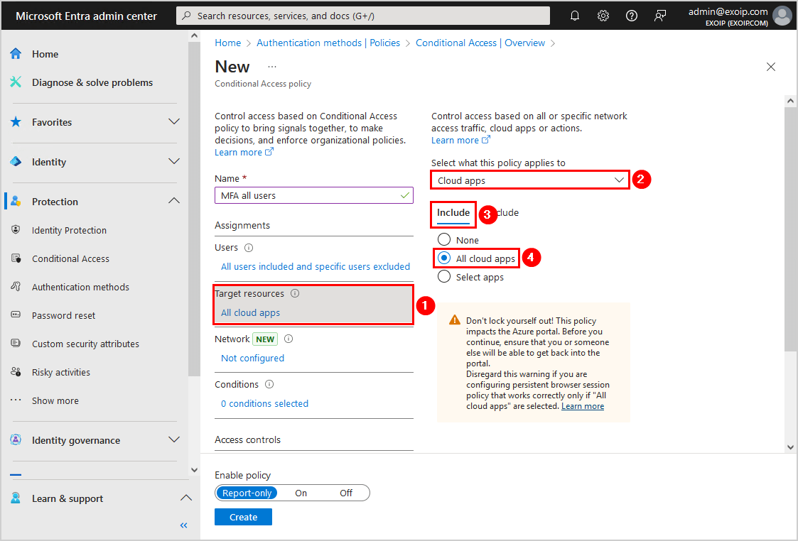Configure Microsoft Entra Multi-Factor Authentication Conditional access policy target resources include settings