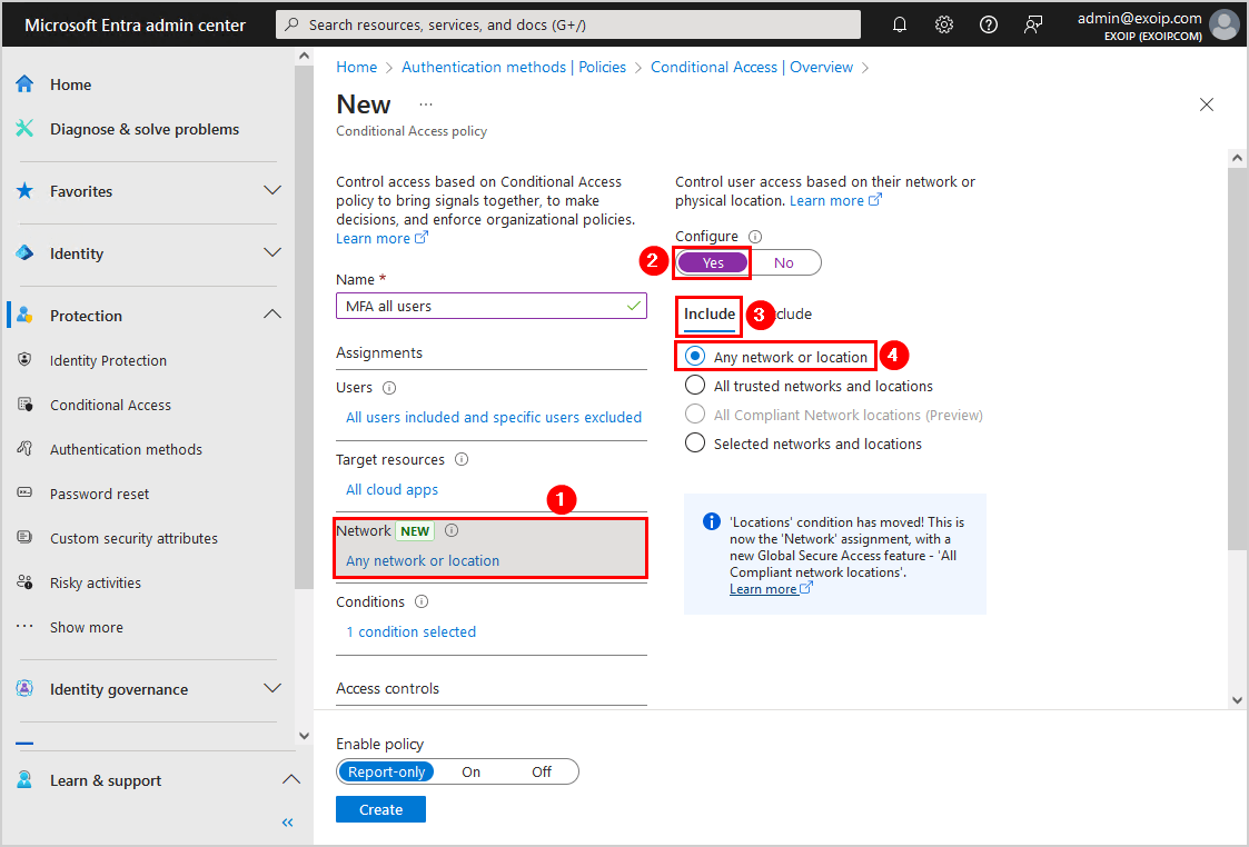 Configure Microsoft Entra Multi-Factor Authentication Conditional access policy network include settings
