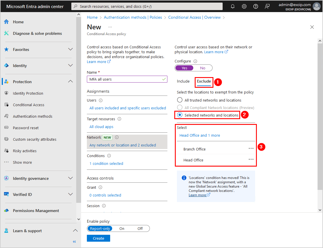 Configure Microsoft Entra Multi-Factor Authentication Conditional access policy network exclude settings