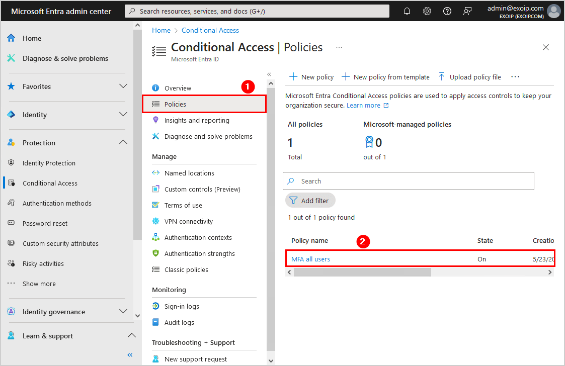 Microsoft Entra Conditional Access policies list