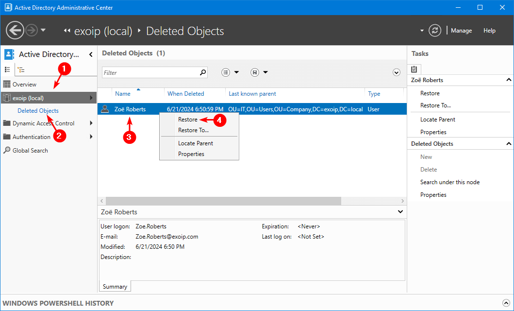 Restore deleted Microsoft 365 Hybrid user restore AD on-premises