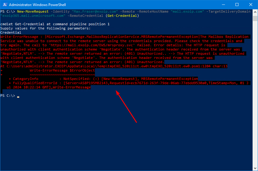 Mailbox Replication Service was unable to connect to the remote server error in PowerShell