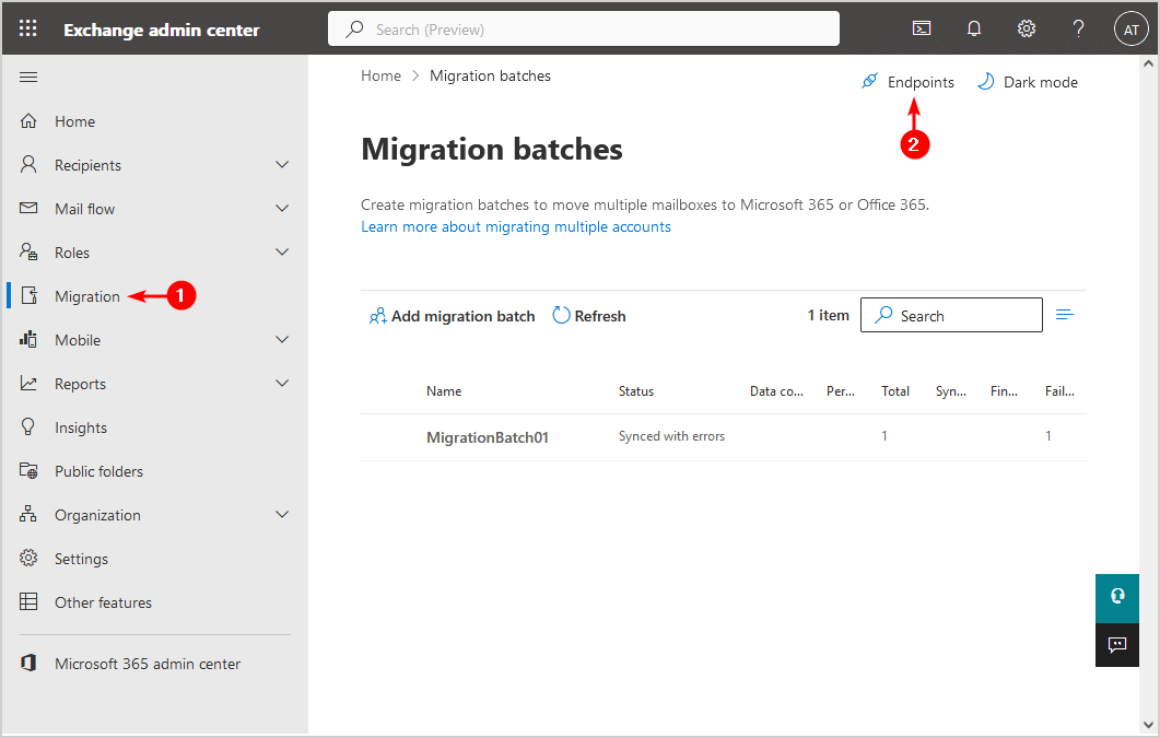 Endpoints in Exchange admin center