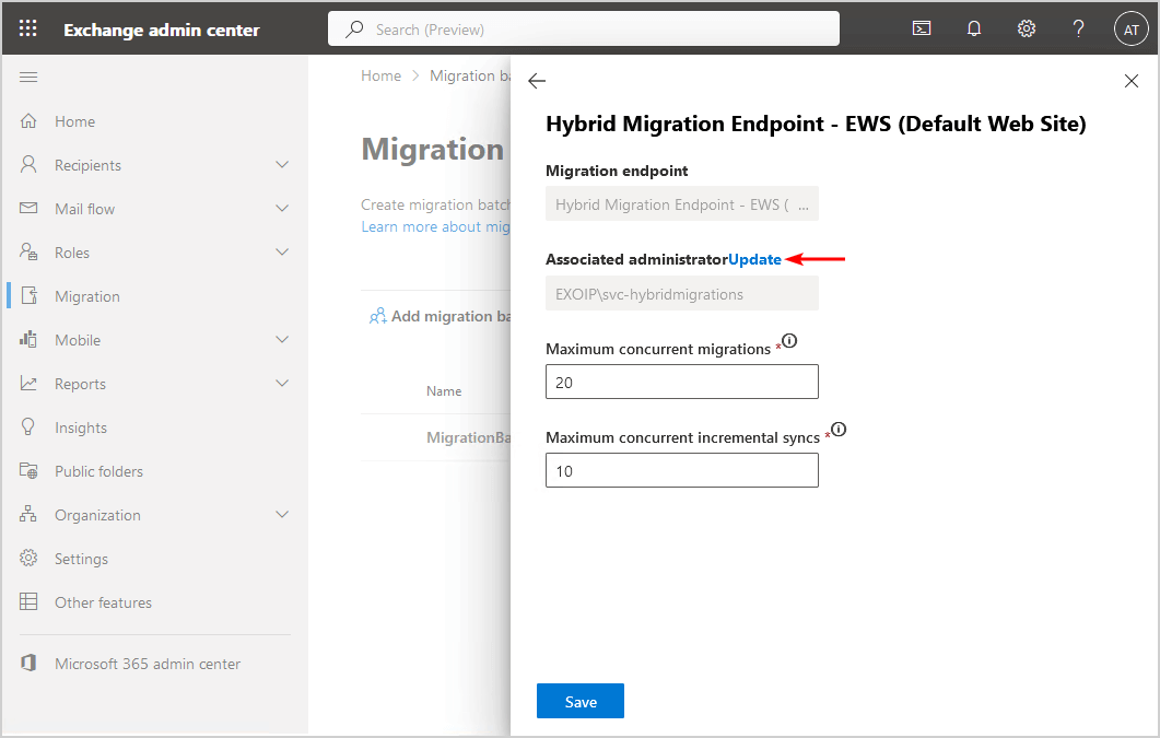 Update Hybrid Migration Endpoint associated administrator account