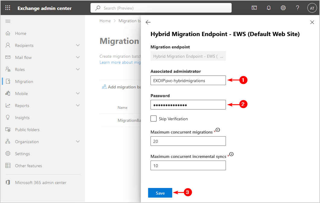 Save Hybrid Migration Endpoint associated administrator account credentials